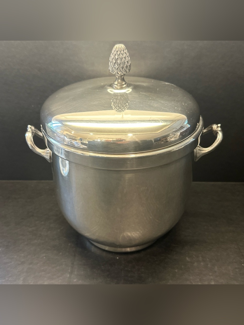 Vintage Sheffield Silver Co Ice Bucket Pineapple Lid Glass Liner MCM Silverplate